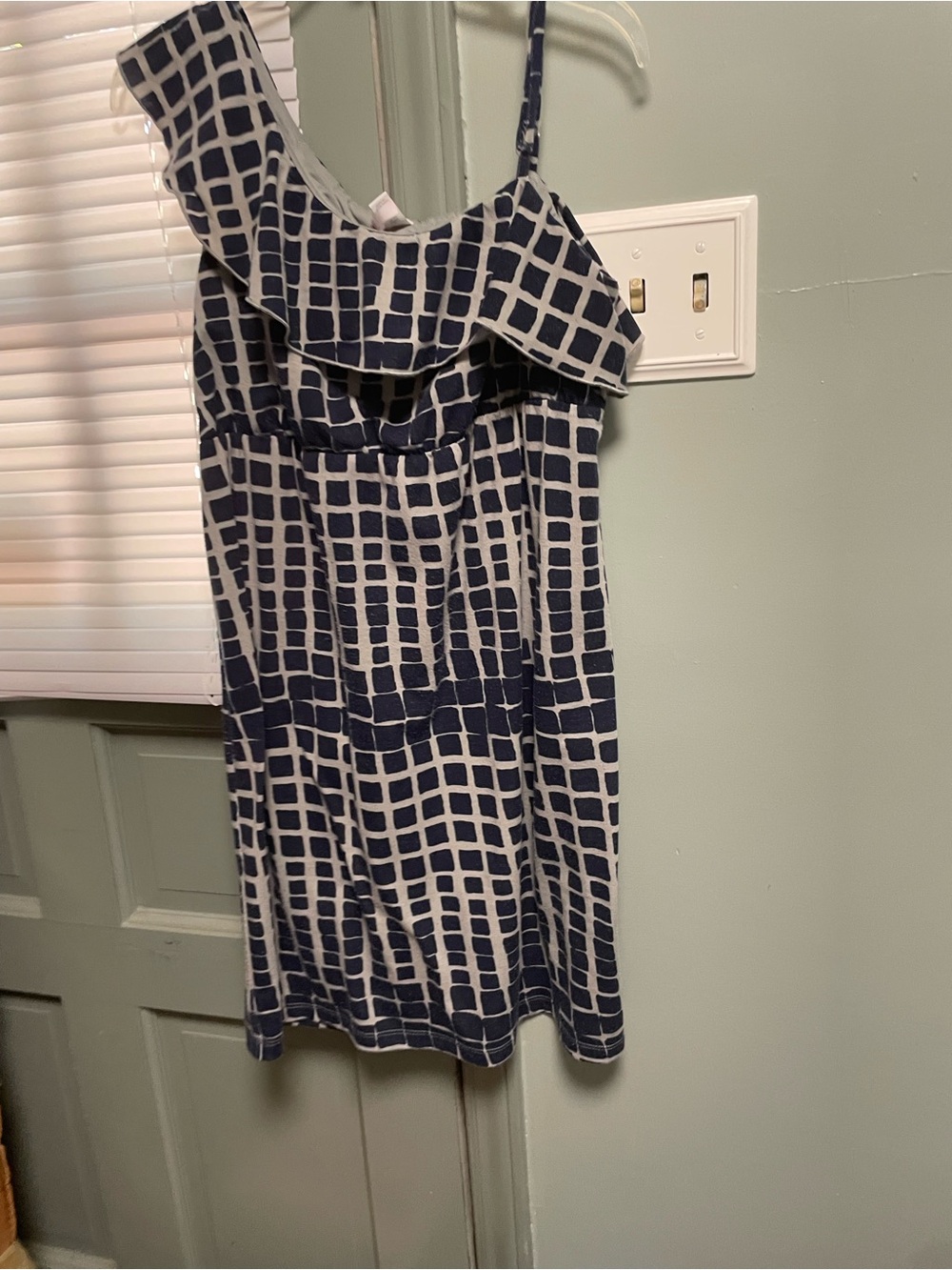Navy and Grey Grid Ruffled One-Shoulder Juniors Dress